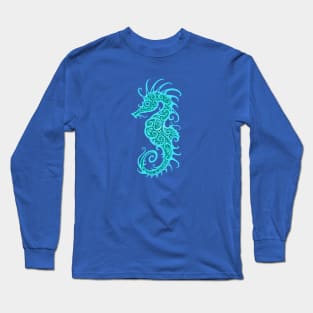 Intricate Teal Blue Tribal Seahorse Design Long Sleeve T-Shirt